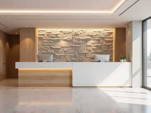 现代办公接待区域，配备沙发座椅，墙上挂有公司标识，明亮自然光，商务氛围